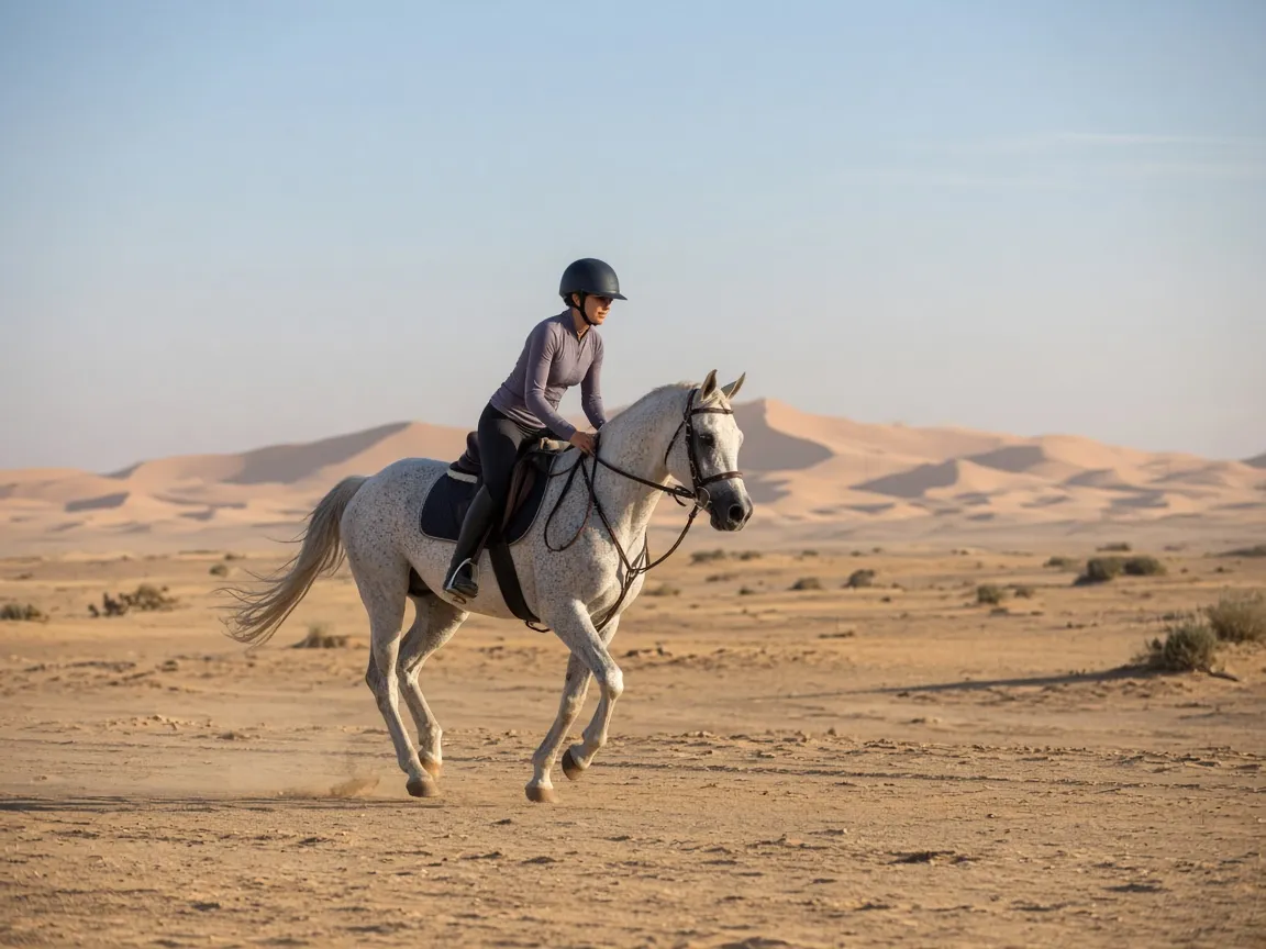 Endurance rider on a grey Arabian horse in the desert