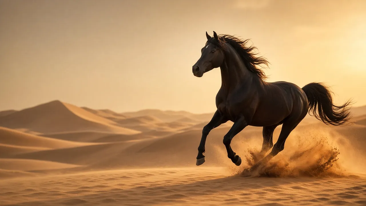 Arabian horse galloping across the Dubai desert dunes at golden hour